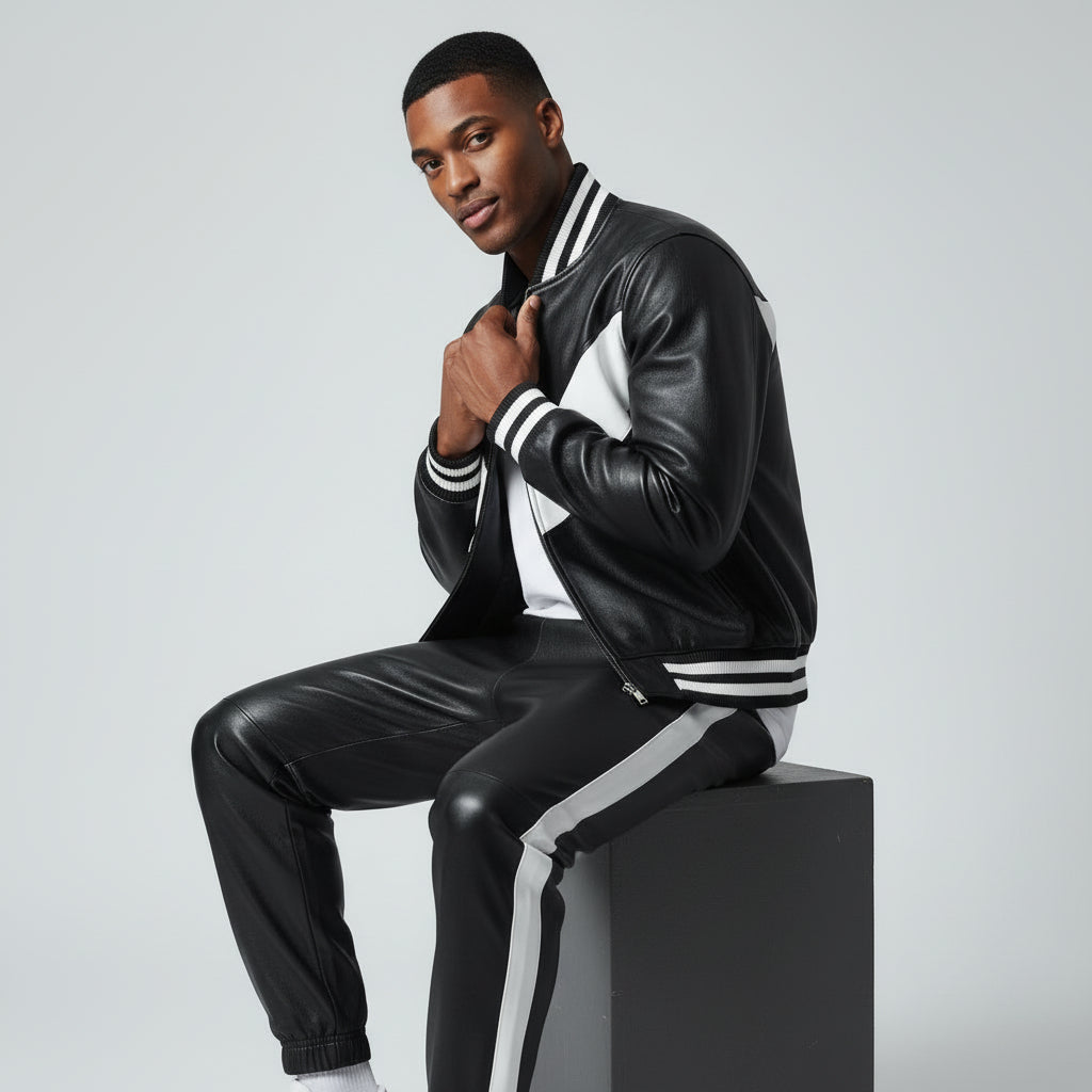 Men's Black Leather Track Suit jogging Sweatsuit