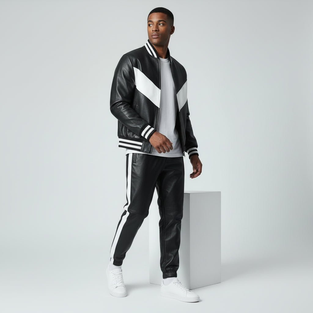 Men's Black Leather Track Suit jogging Sweatsuit