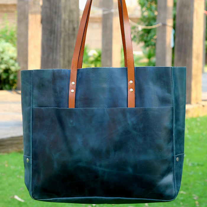 Dark Water Blue Leather Tote Bag for Women