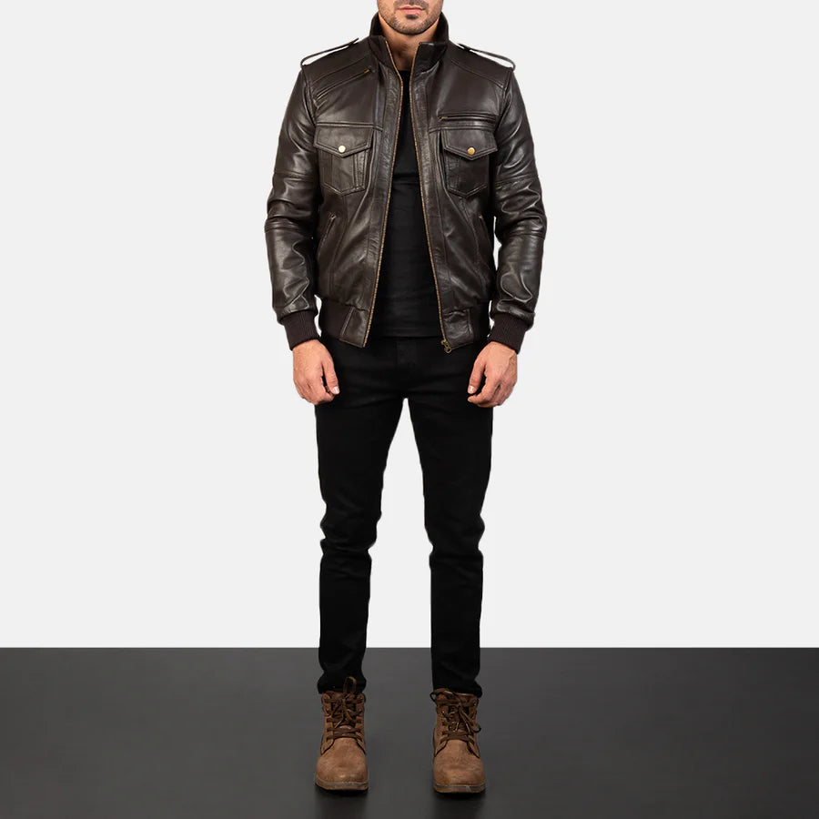 Men's Black Leather Bomber Jacket