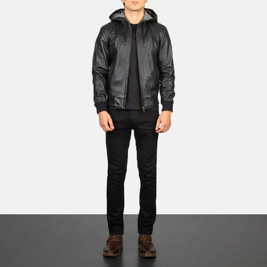 Men's Black Hooded Leather Bomber Jacket