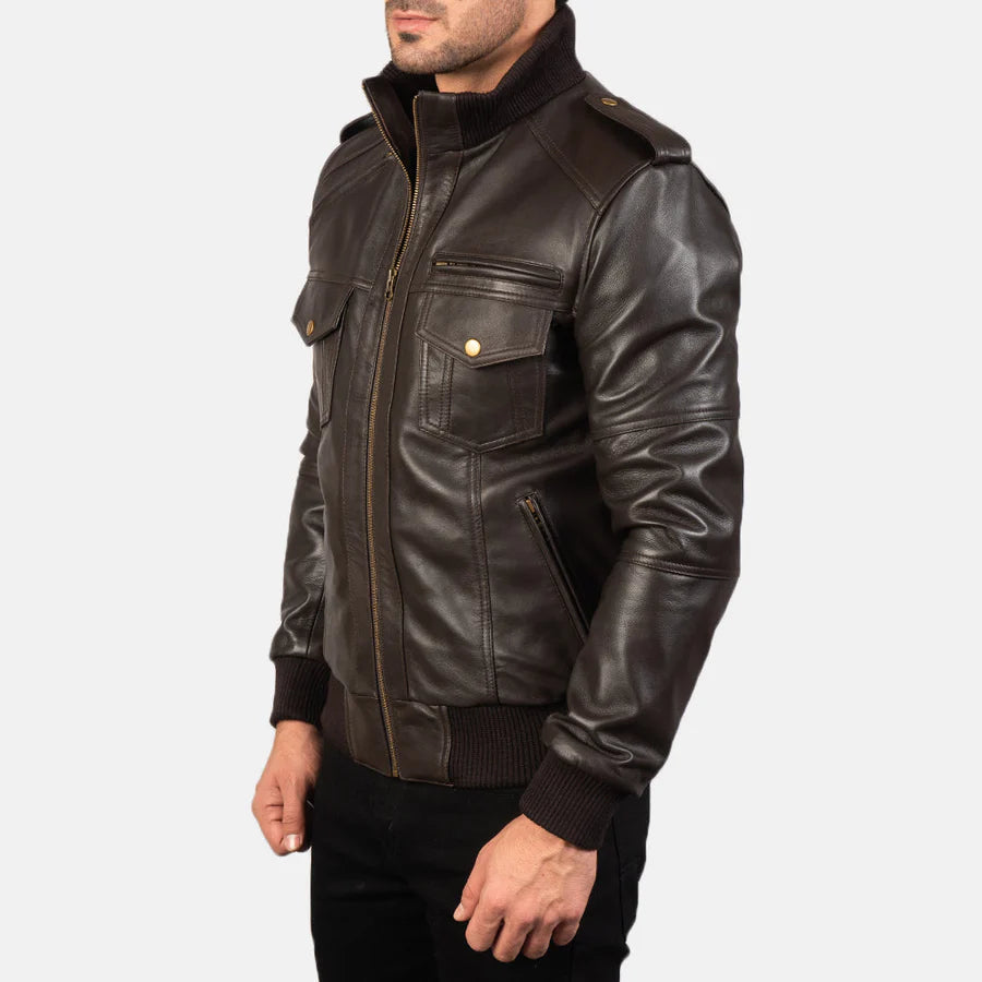 Men's Black Leather Bomber Jacket