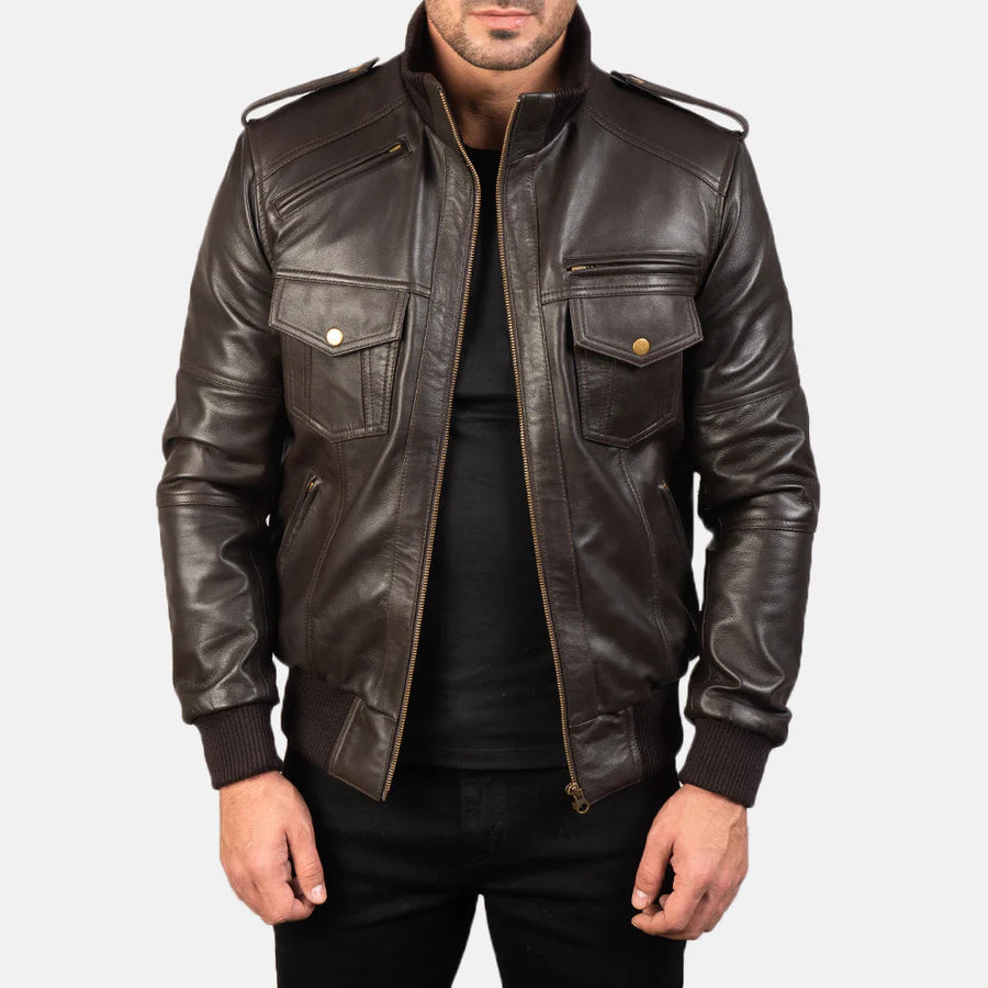 Men's Black Leather Bomber Jacket