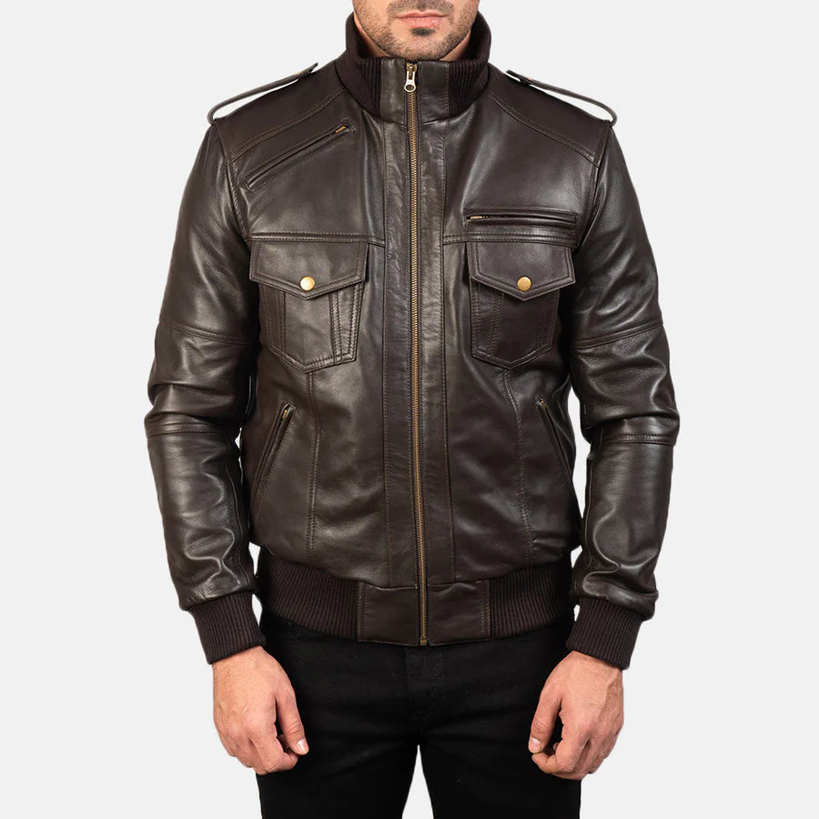 Men's Black Leather Bomber Jacket