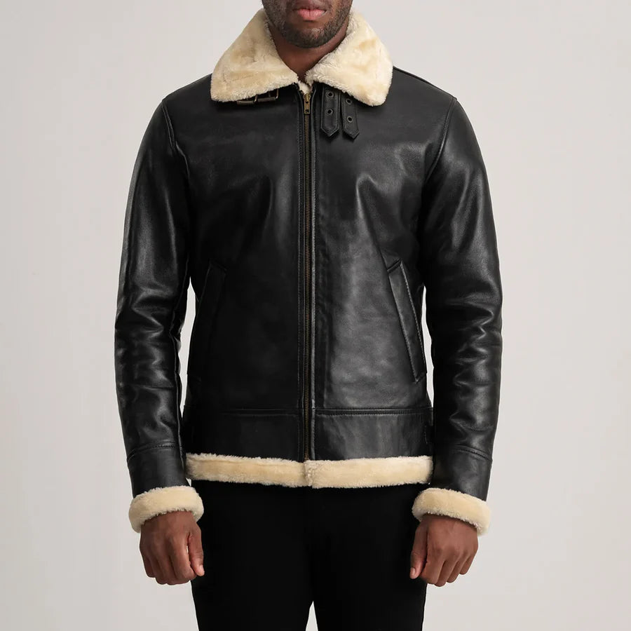 B-3 Black & Cream Leather Bomber Jacket For Men's