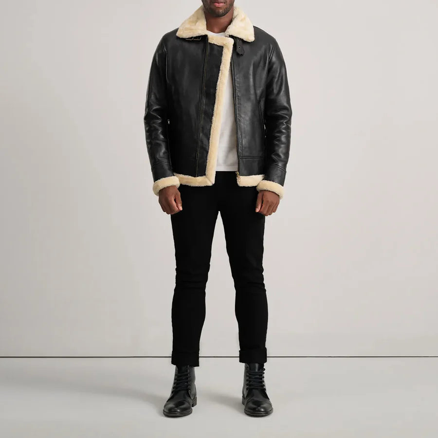 B-3 Black & Cream Leather Bomber Jacket For Men's