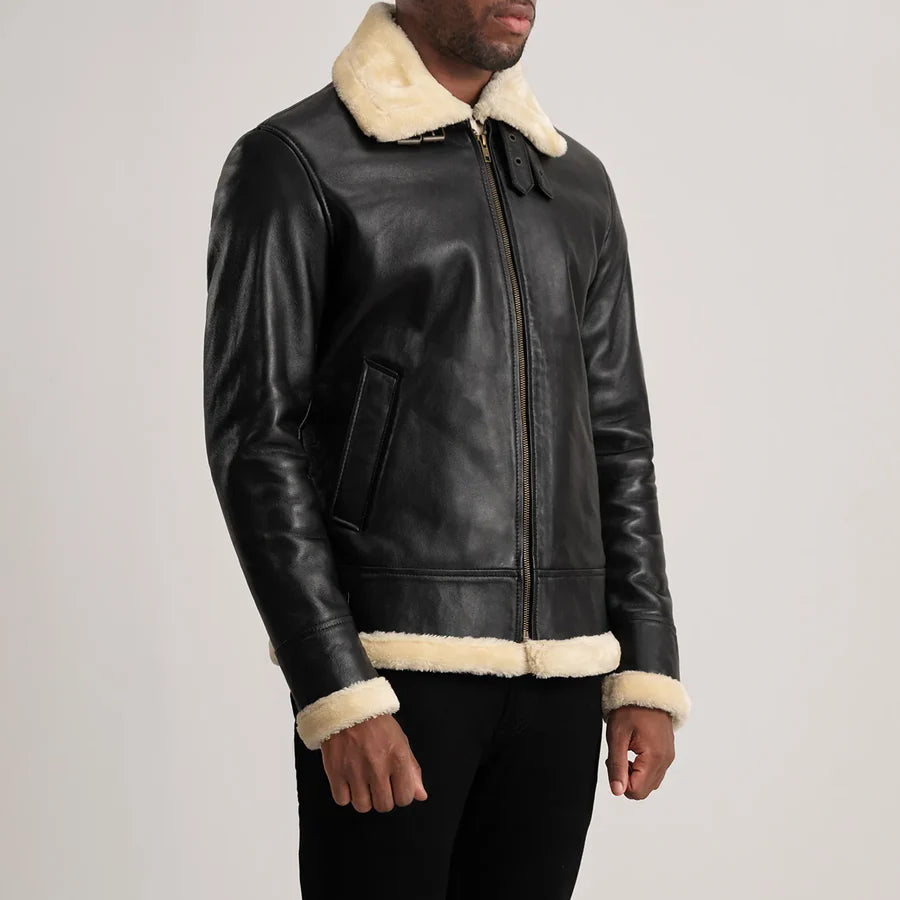 B-3 Black & Cream Leather Bomber Jacket For Men's