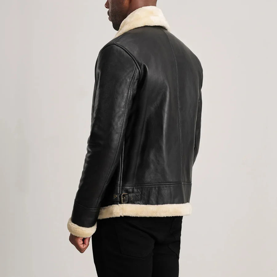 B-3 Black & Cream Leather Bomber Jacket For Men's