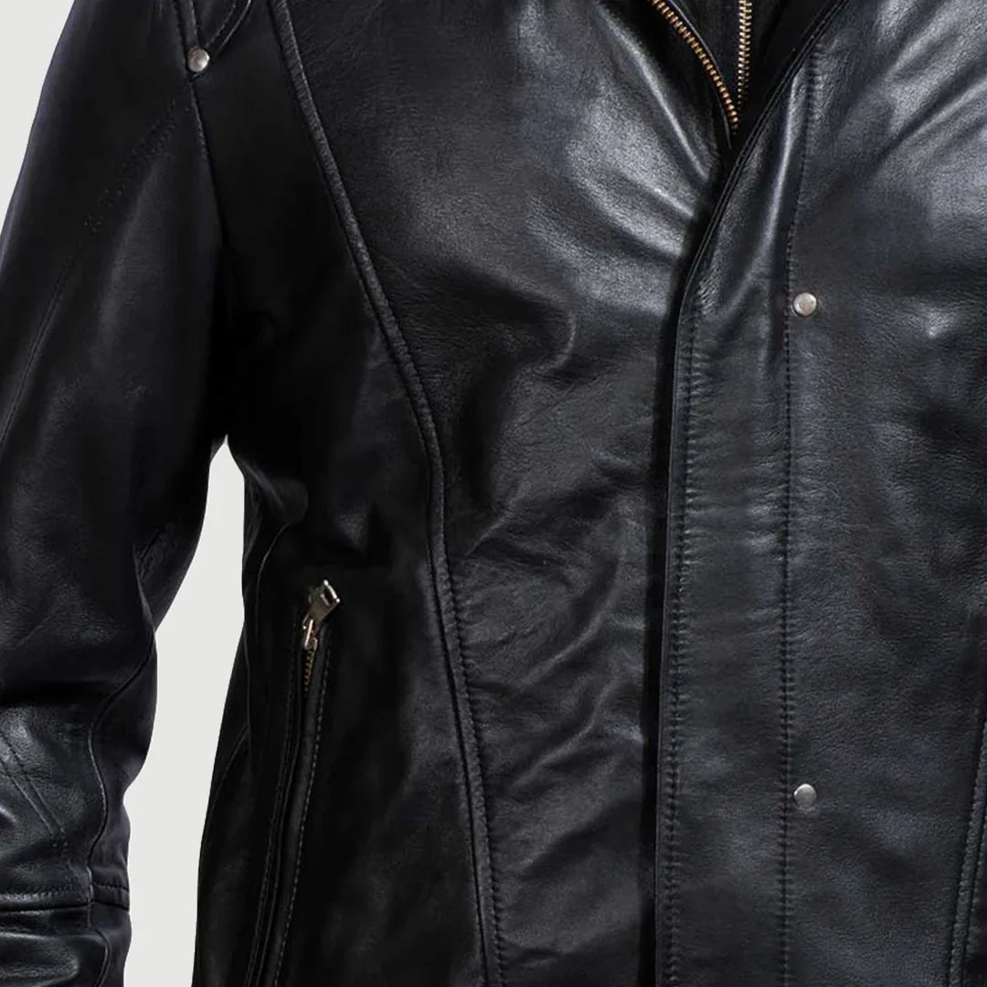 Black Hooded Leather biker Jacket for men's