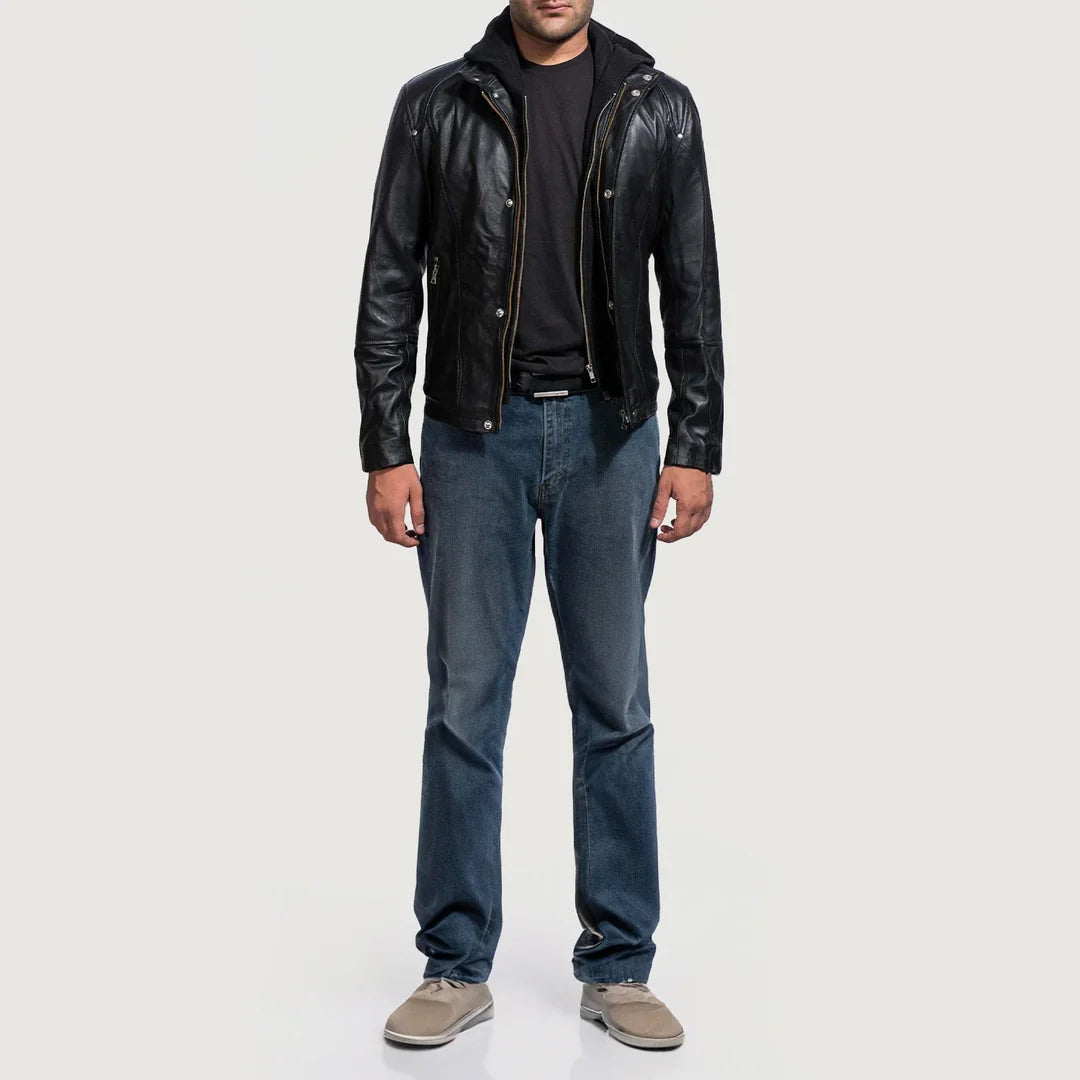 Black Hooded Leather biker Jacket for men's