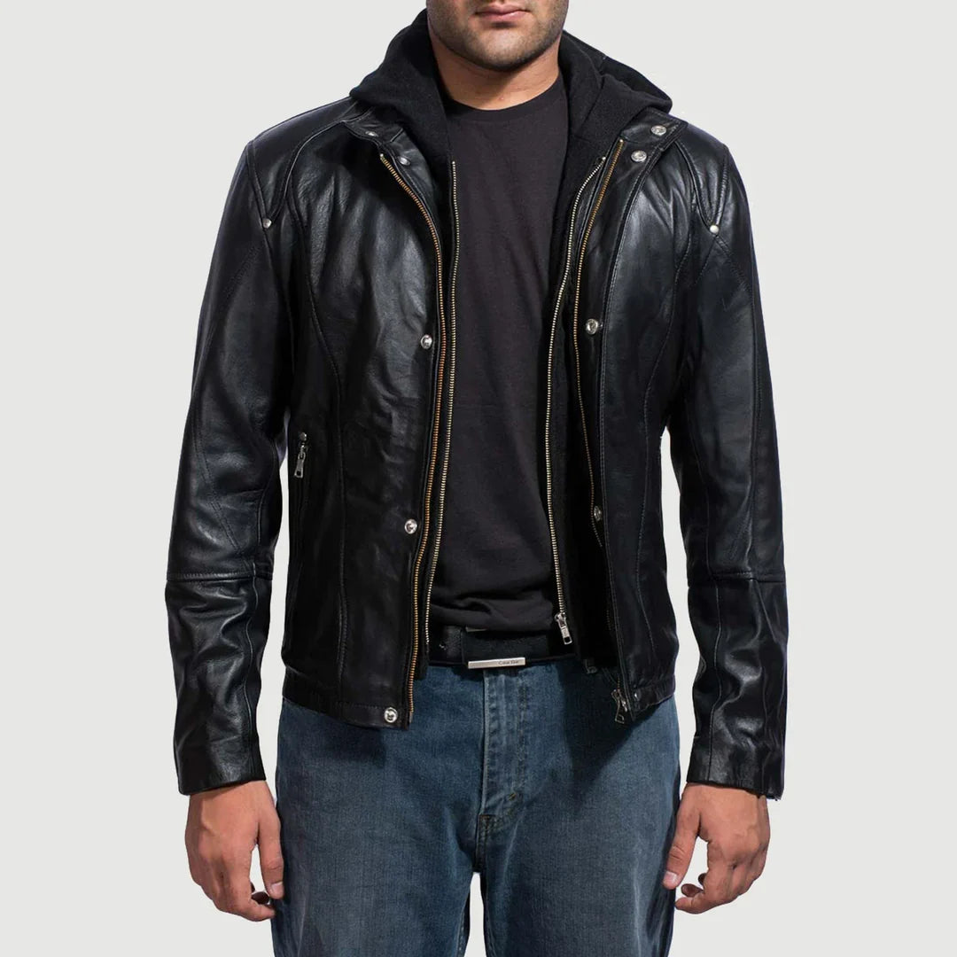 Black Hooded Leather biker Jacket for men's