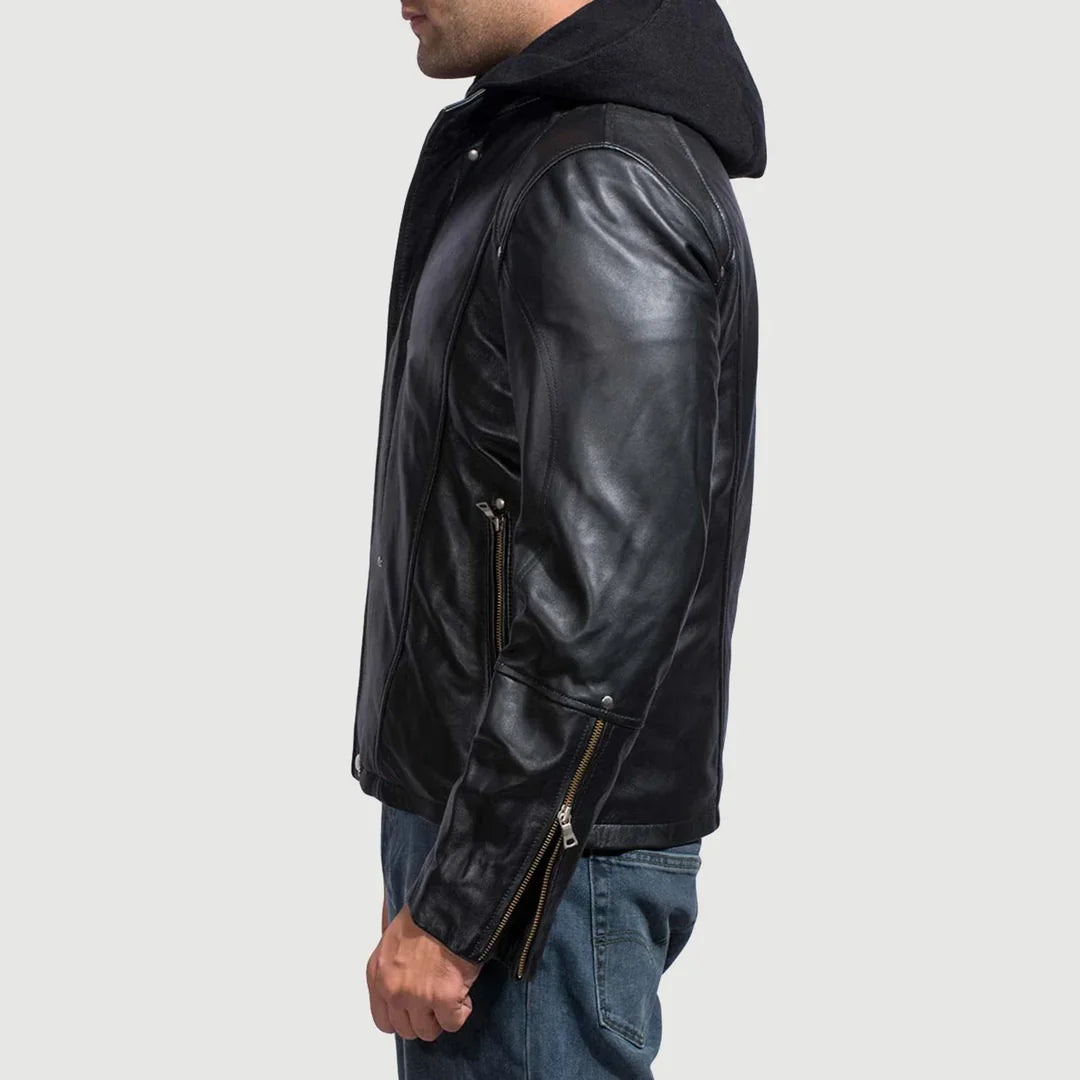 Black Hooded Leather biker Jacket for men's