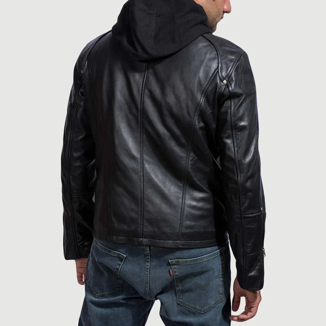 Black Hooded Leather biker Jacket for men's