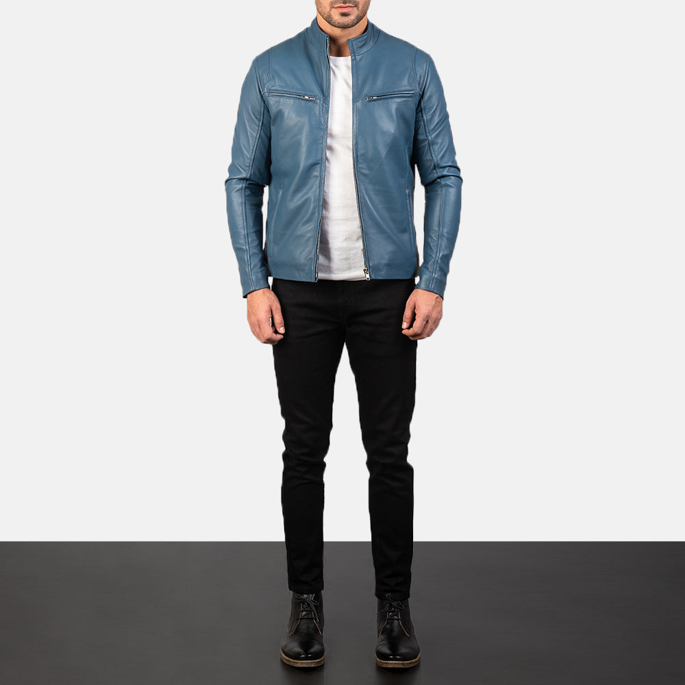 Blue  stylish Leather Biker Jacket for men's
