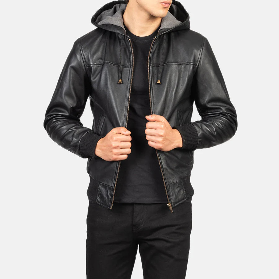 Men's Black Hooded Leather Bomber Jacket