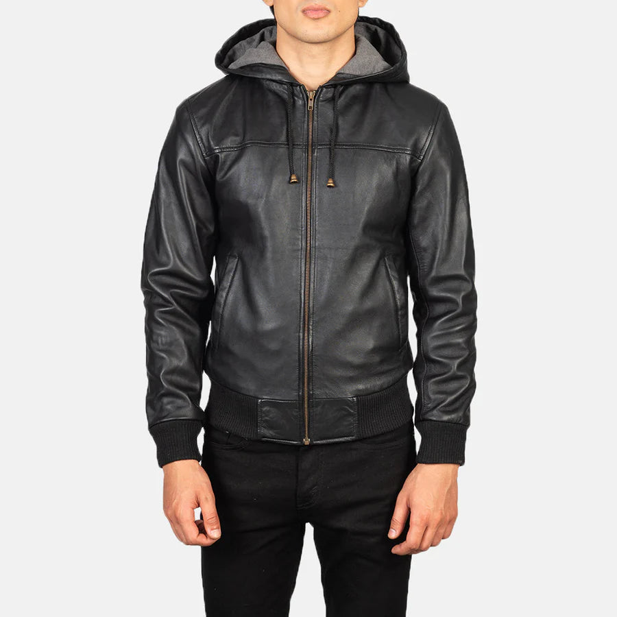 Men's Black Hooded Leather Bomber Jacket