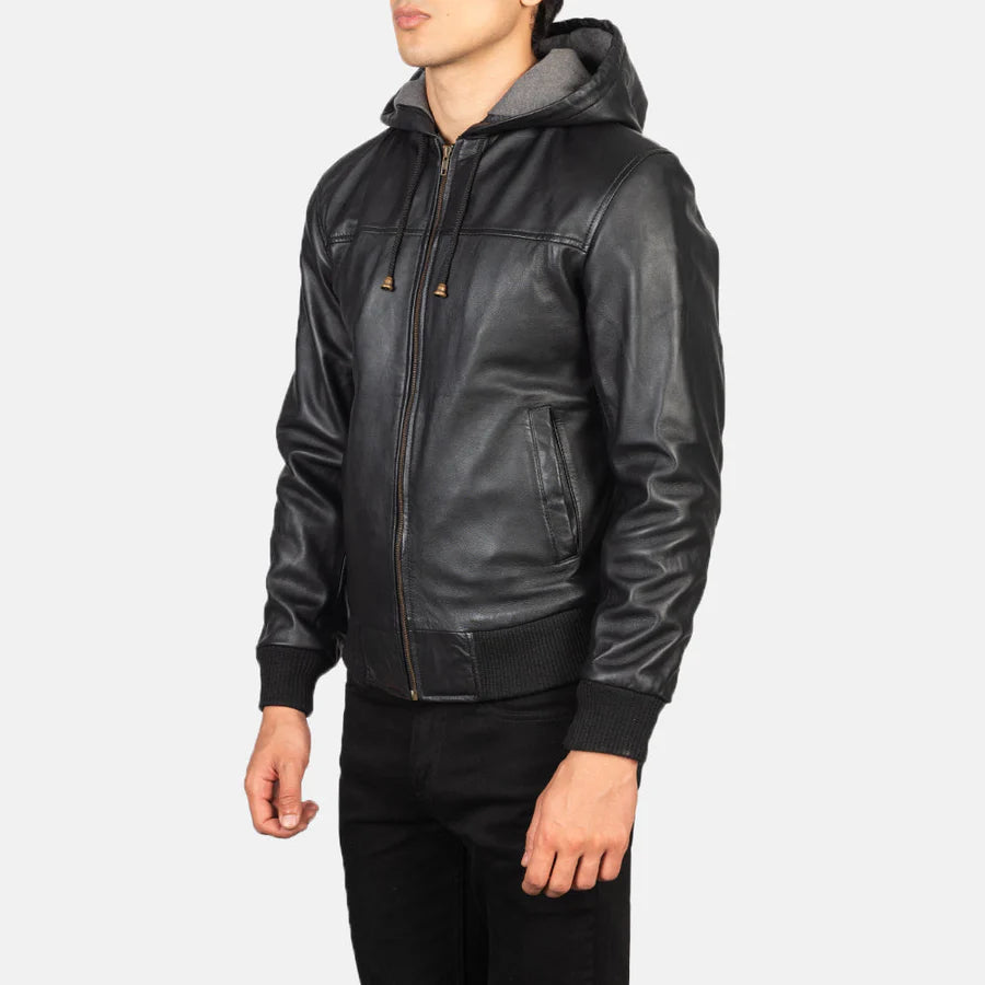Men's Black Hooded Leather Bomber Jacket