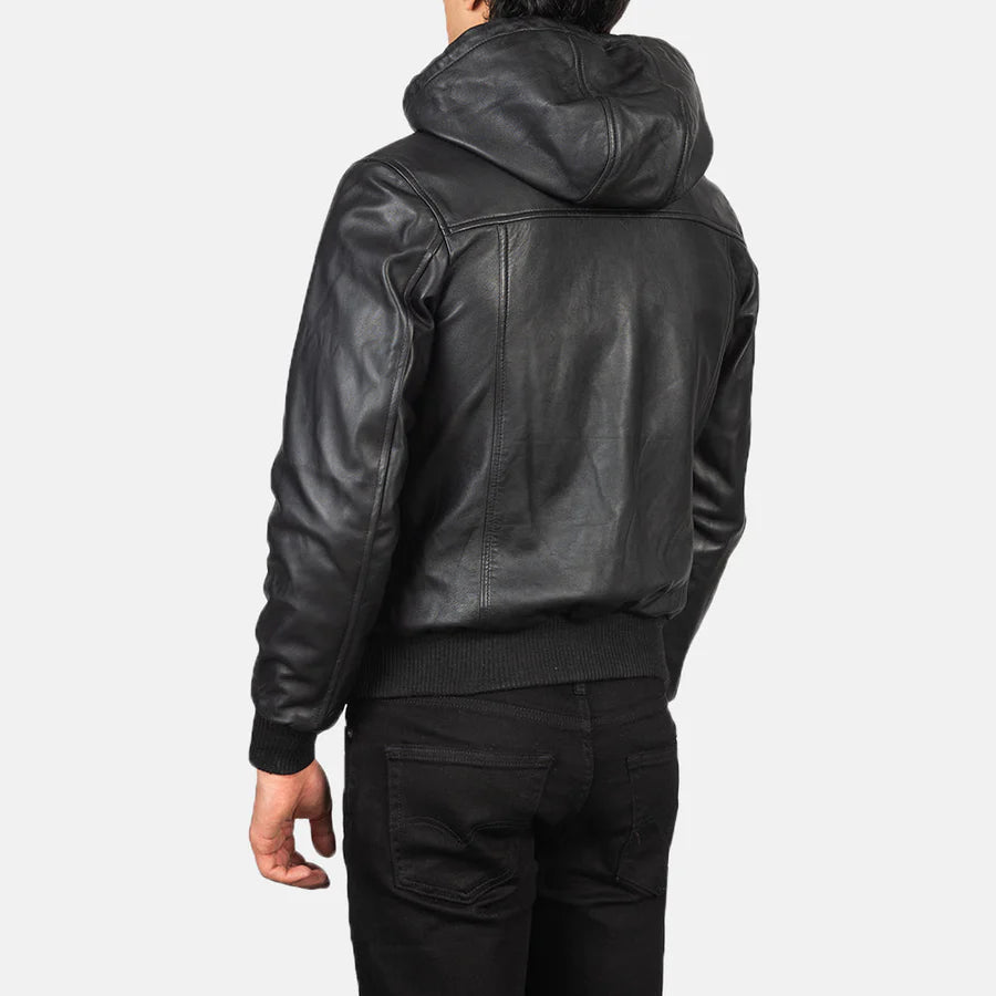 Men's Black Hooded Leather Bomber Jacket