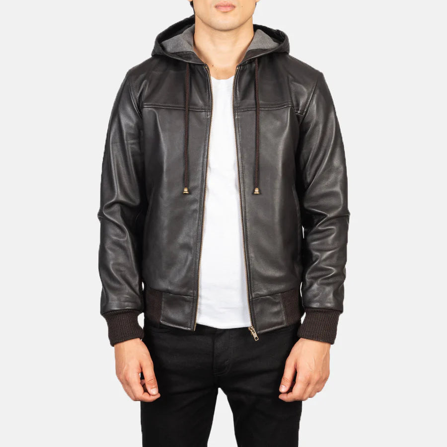 Men's Black Hooded Leather Bomber Jacket