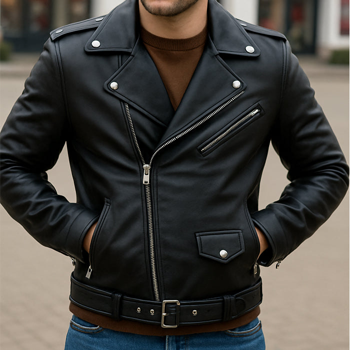 Person wearing a black leather jacket with a blurred background