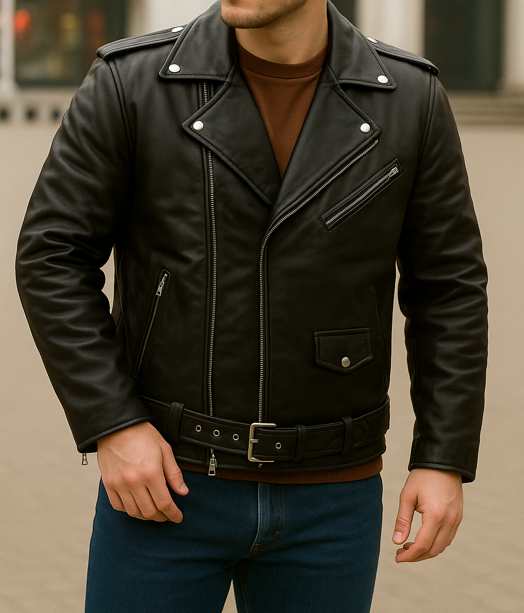 Black leather jacket worn by a person against a neutral background