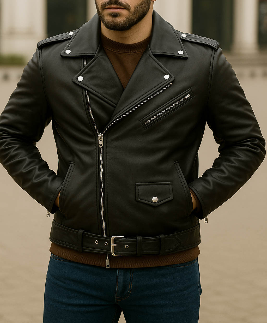 Man wearing a black leather jacket with silver zippers and buttons, standing against a blurred background.