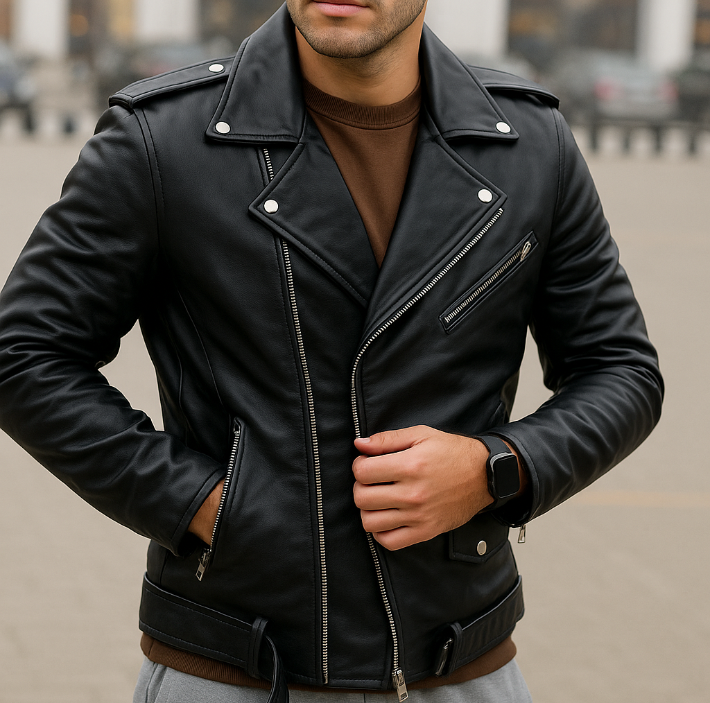Man wearing a black leather jacket on a blurred street background