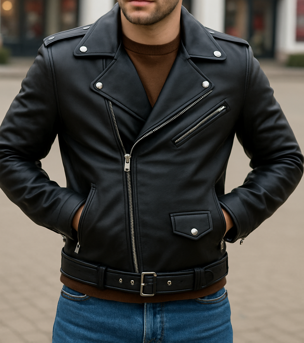 Man wearing a black leather jacket with silver zippers and buttons, standing outdoors.