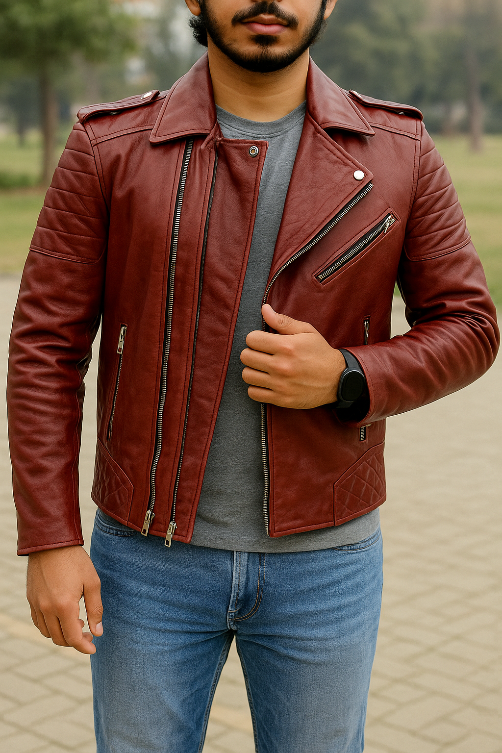 Man wearing a red leather jacket and blue jeans outdoors.