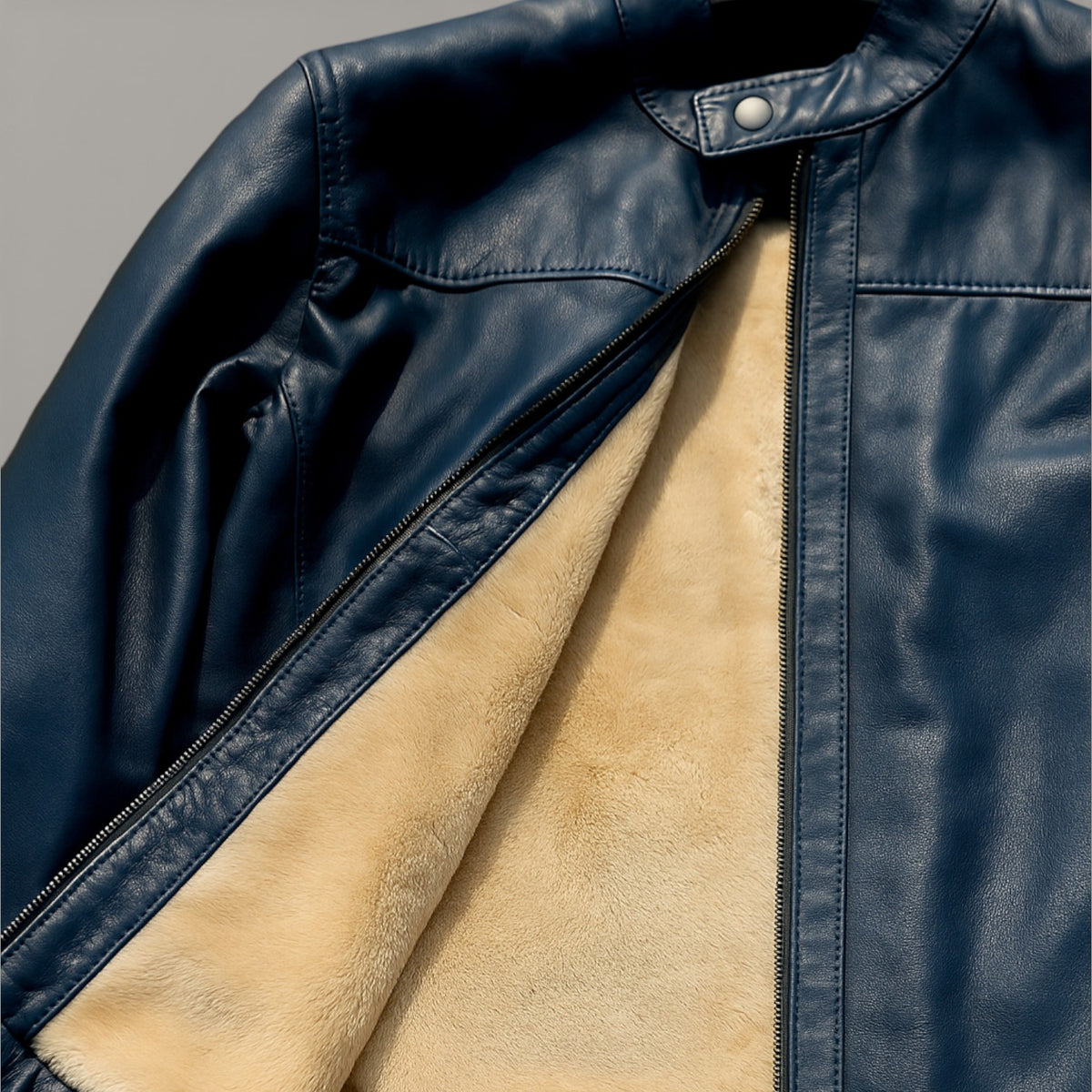Bold Blue Leather Jacket with White Premium Fur