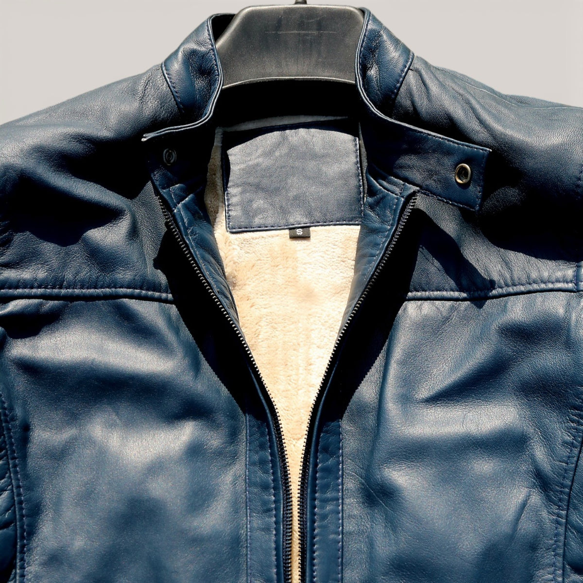 Bold Blue Leather Jacket with White Premium Fur