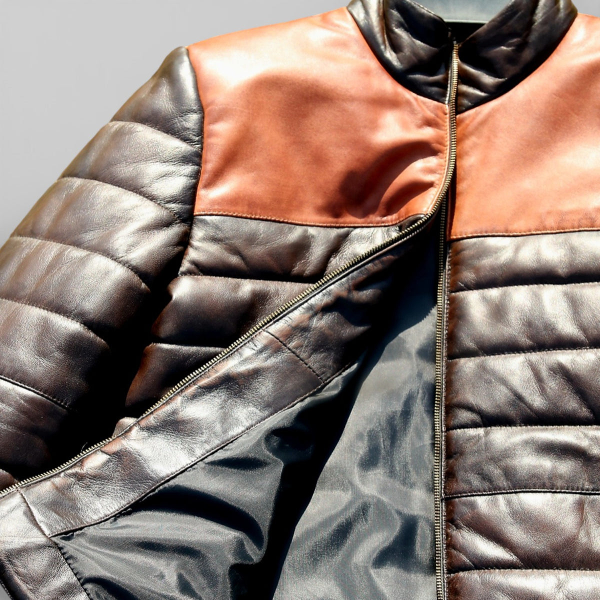 Brown Leather Puffer Jacket for Men