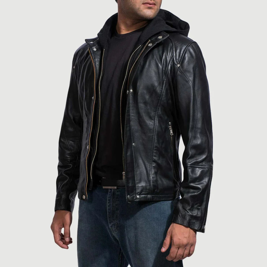 Black Hooded Leather biker Jacket for men's