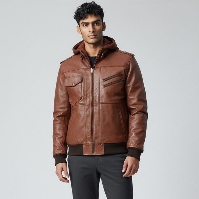 Hooded Brown Leather Biker Jacket for Men's