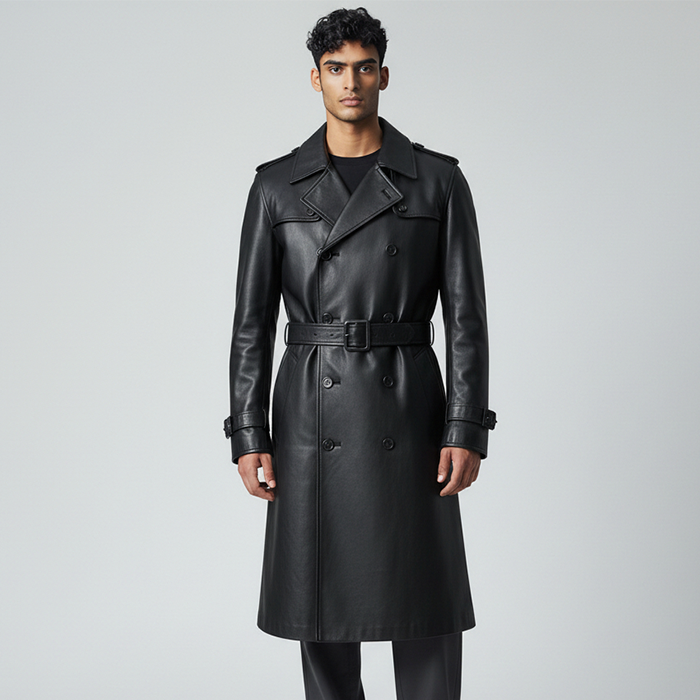 Black long leather coat for men's