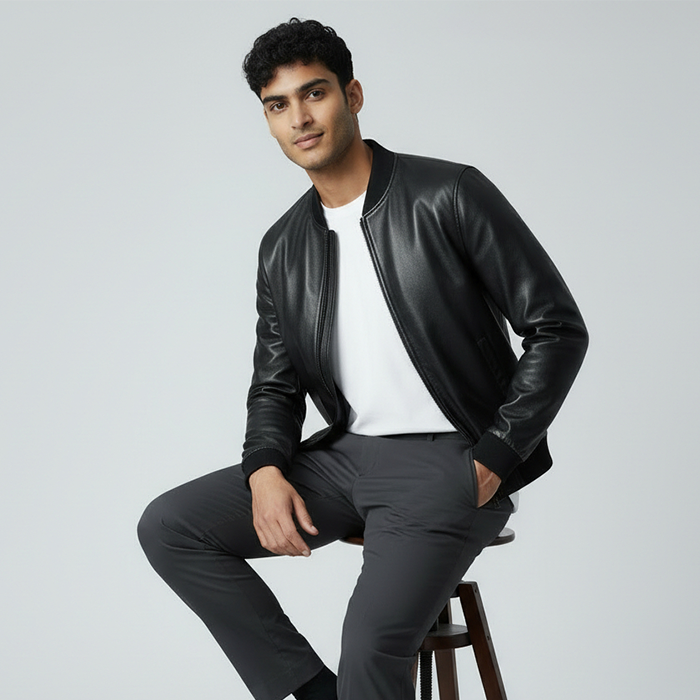 Black Slim Fit Leather Jacket for Men's