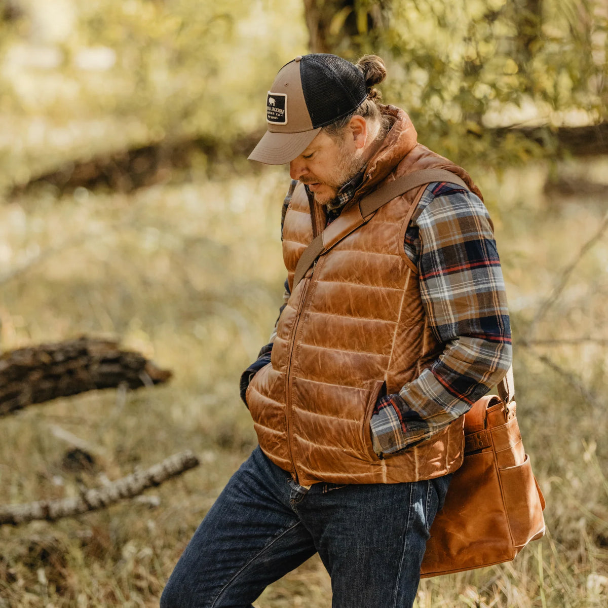 Brown Leather Puffer Vest for men&#39;s