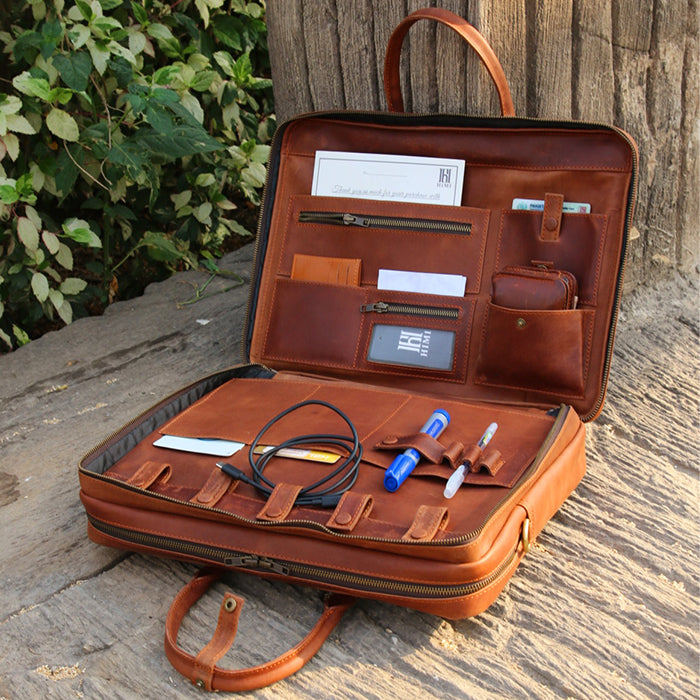 Double compartment leather laptop bag, leather file organizer bag