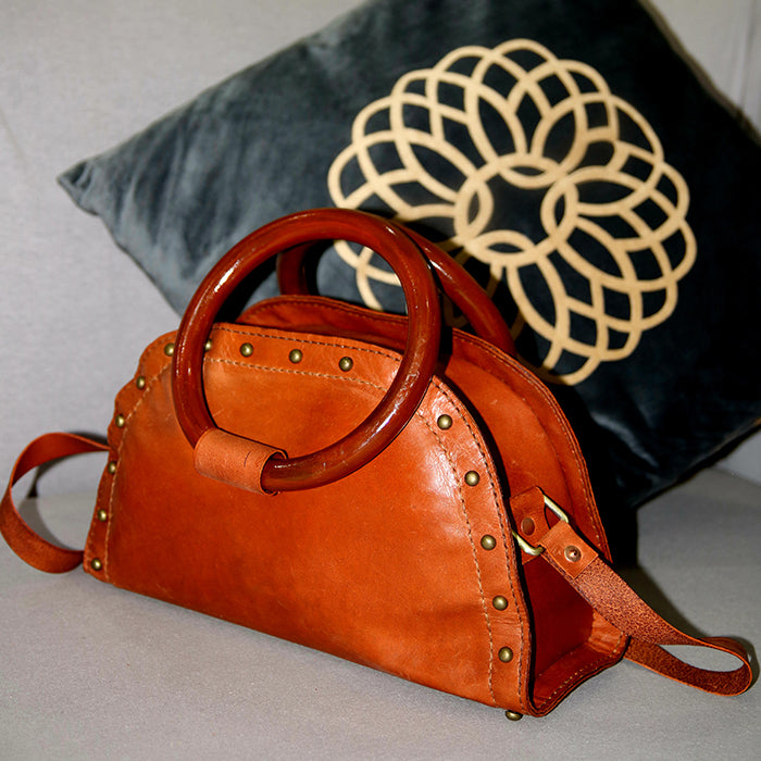 wooden handle Ladies leather hand bag