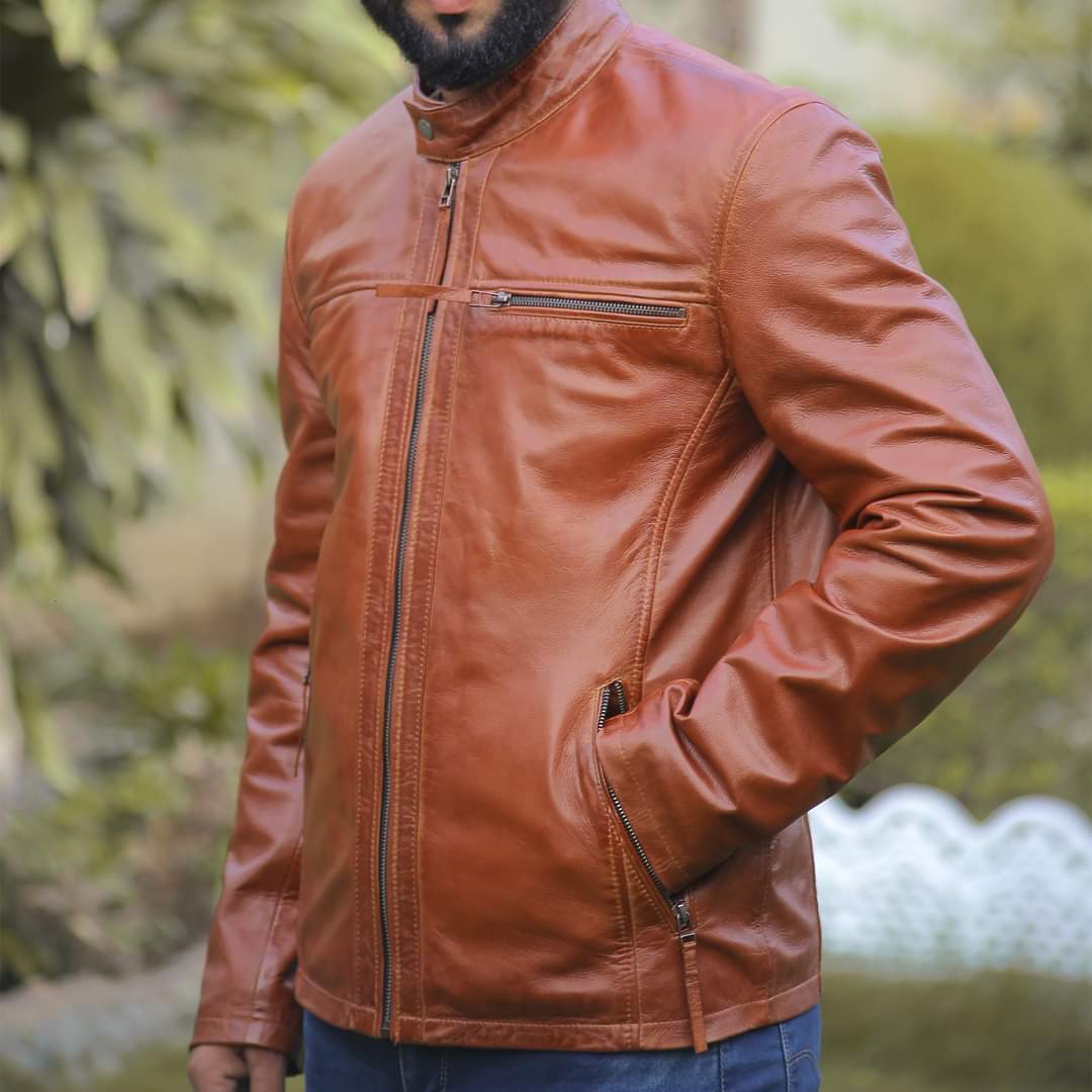 Tan Leather Jacket for Men Side Pocket