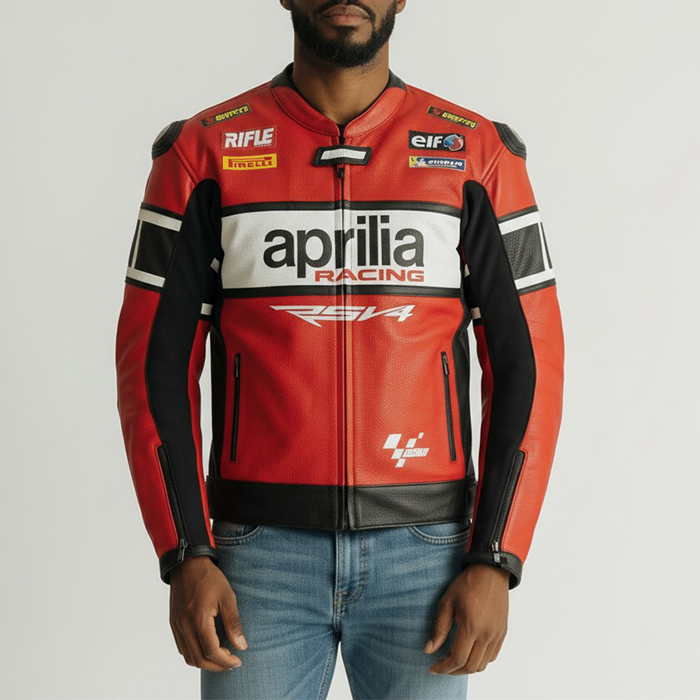 Red and black Aprilia Racing jacket on a plain background