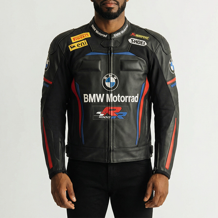 Black BMW Motorrad leather jacket with various logos on a gray background