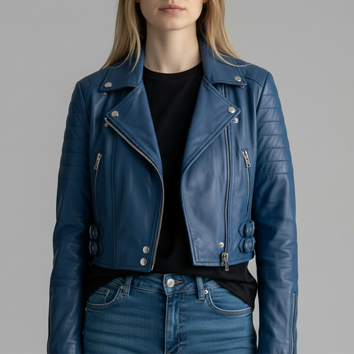 cropped Blue leather jacket For Women's