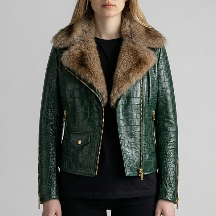 Women's Olive Green Crocodile-Embossed Leather Fur jacket
