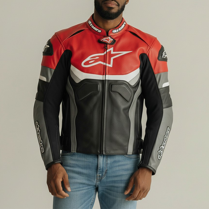 Person wearing a red, black, and gray motorcycle jacket with visible branding on a neutral background