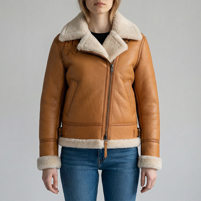 Women's Tan Shearling Bomber Leather jacket