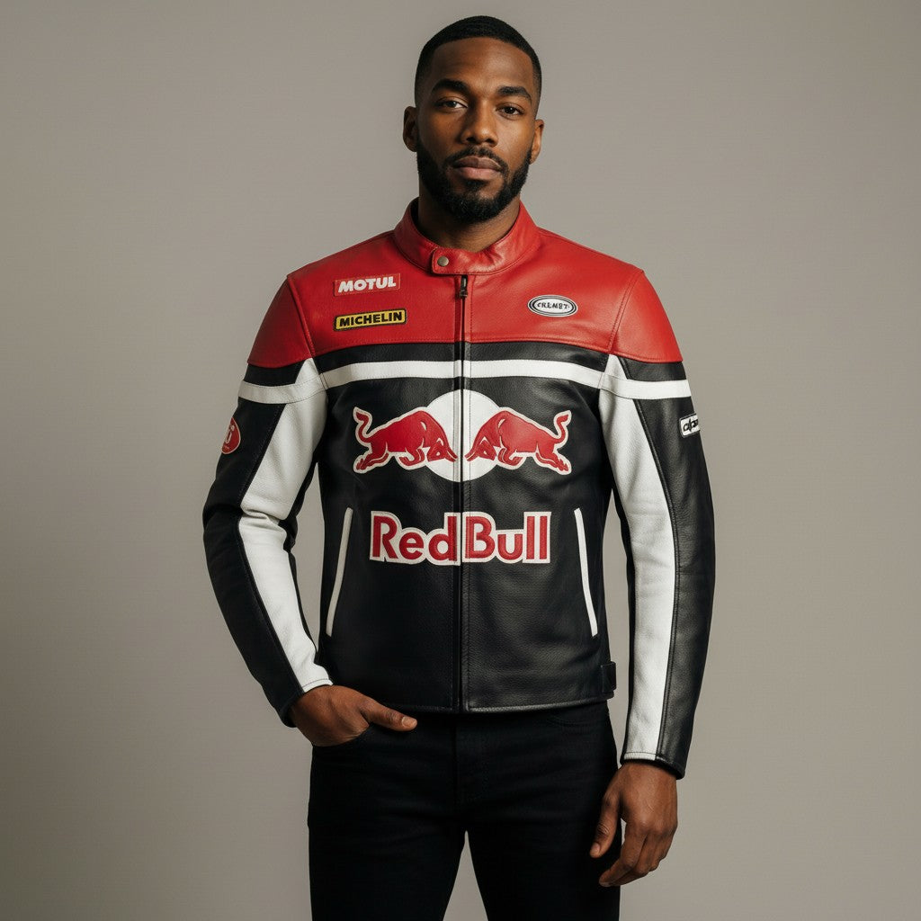 Man wearing a red, black, and white jacket with Red Bull and Motul logos on a beige background