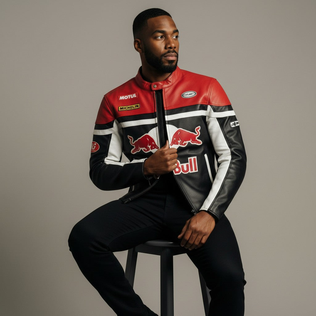 Man wearing a red, black, and white jacket with logos, sitting on a stool against a plain background.