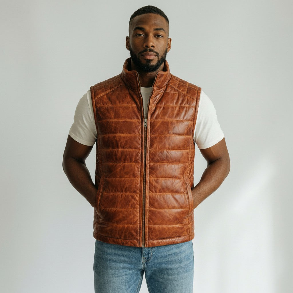 Brown Leather Puffer Vest for men's