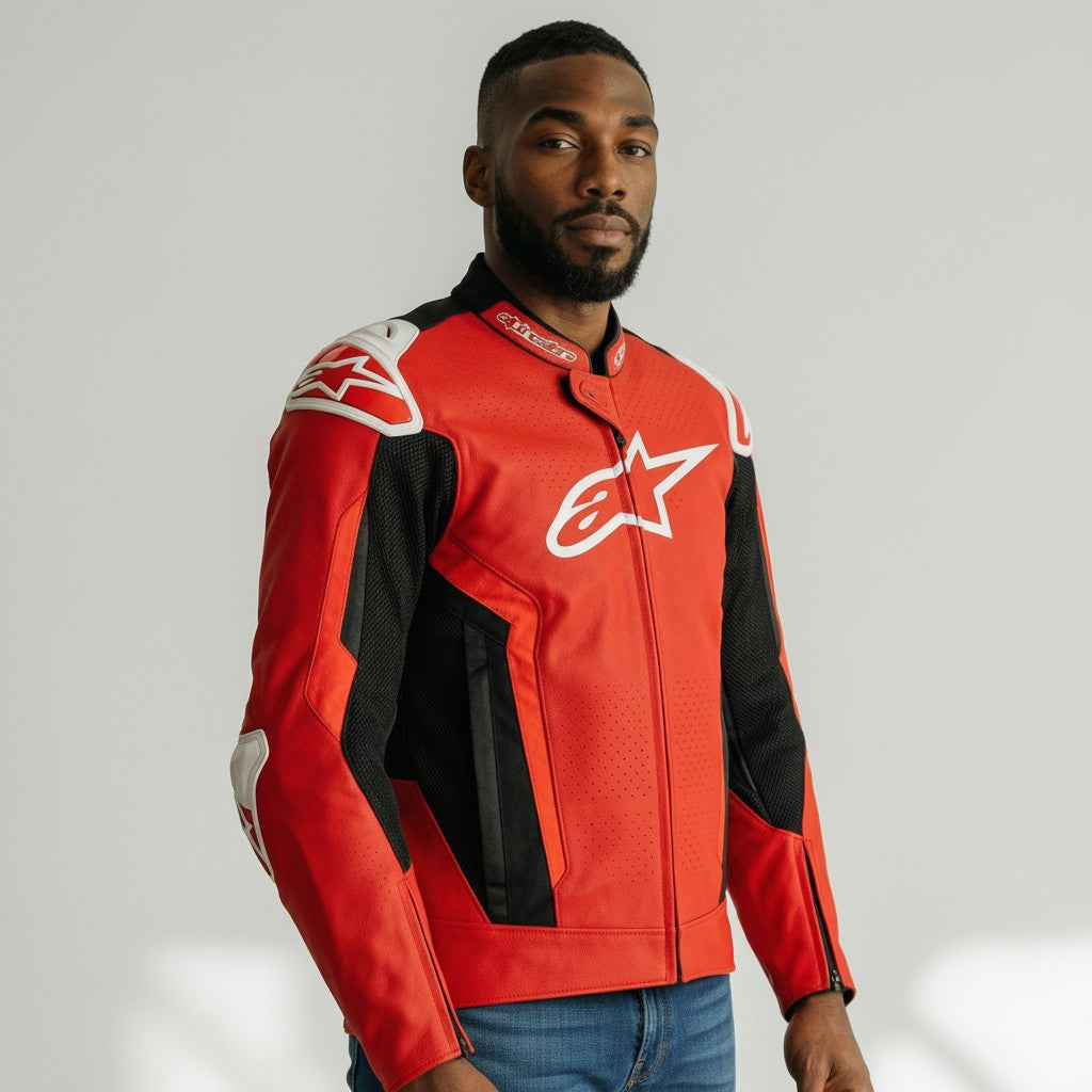 Man wearing a red and black t-gp plus r air jacket with a logo on a light gray background